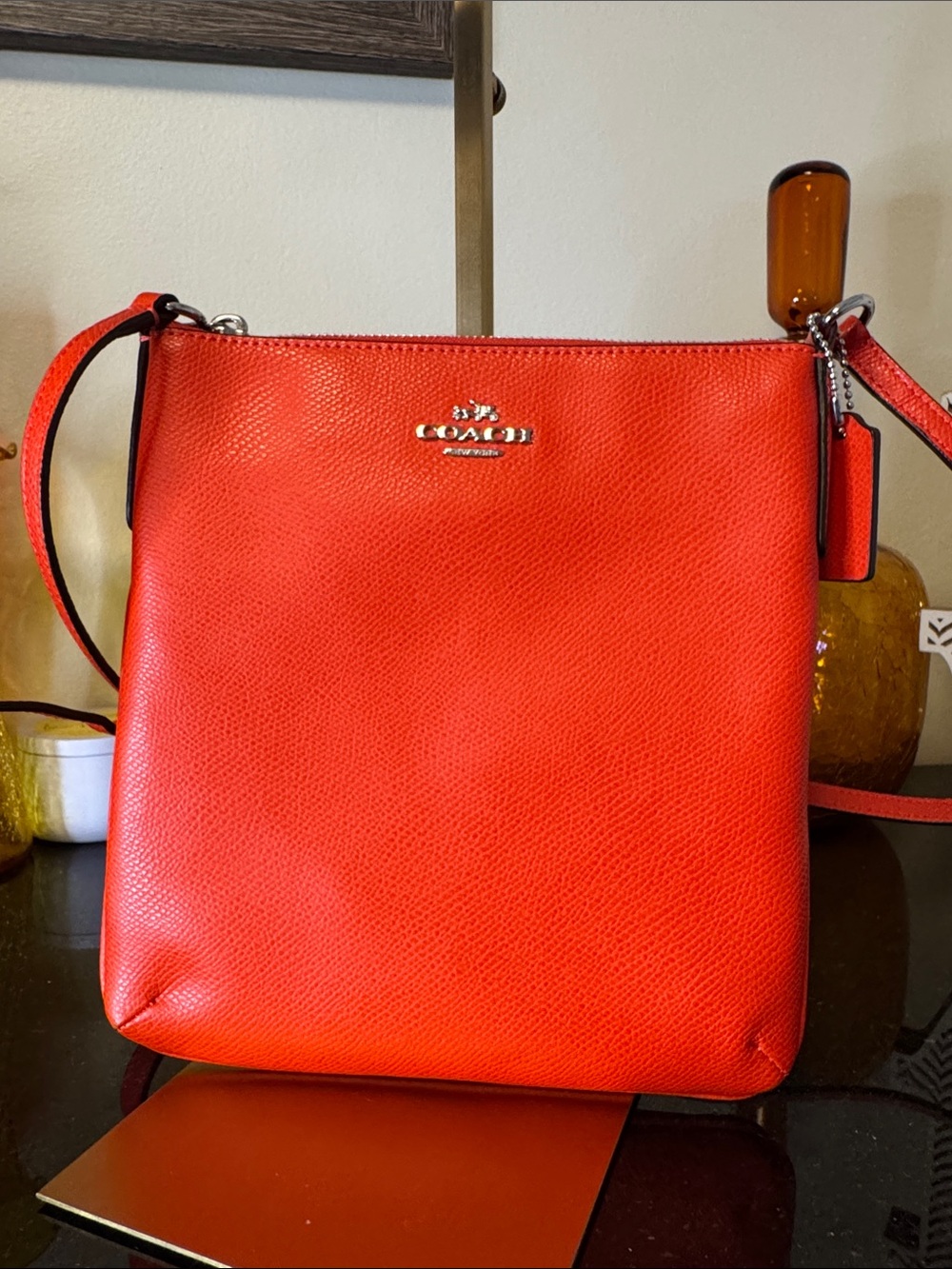 Coach Red-Orange Pebbled Leather Messenger Crossbody